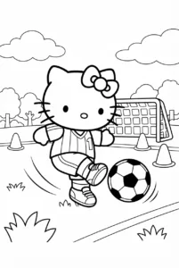 Hello Kitty kicking a soccer ball toward a goal on the field