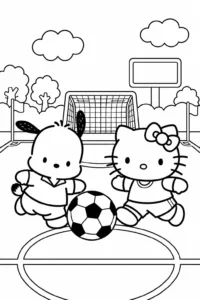 Hello Kitty and Pochacco playing soccer together on a field