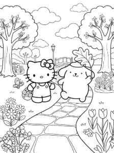 Hello Kitty and Pompompurin walking together along a flower-lined park path