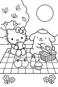 Hello Kitty and Pompompurin sharing a picnic in the park