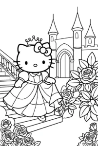 Hello Kitty princess wearing a ball gown outside a castle