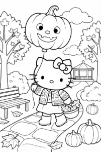 Hello Kitty holding a giant pumpkin balloon in an autumn park