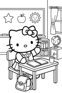 Hello Kitty raising her hand while sitting at a classroom desk