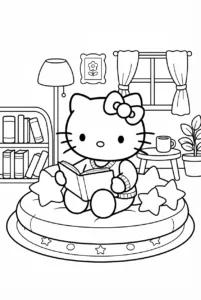 Hello Kitty reading a book on a large cushion beside a bookshelf