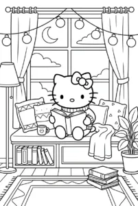 Hello Kitty reading in a cozy nook beneath string lights