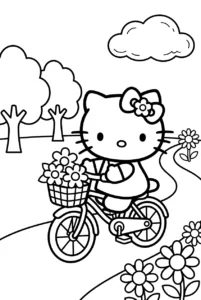 Hello Kitty riding a bicycle with flowers through a park