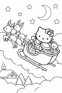 Hello Kitty riding in Santa's sleigh with presents and reindeer