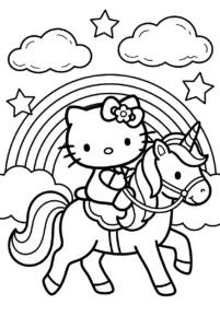 Hello Kitty riding a unicorn beneath a rainbow and stars