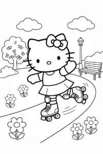 Hello Kitty roller skating along a curved path in the park