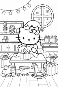 Hello Kitty wrapping toys and presents inside Santa's workshop