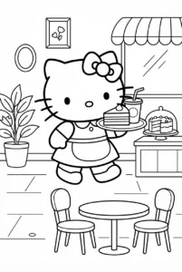 Hello Kitty carrying cake and a drink as a café waitress