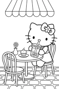 Hello Kitty sipping a boba drink at a small café table