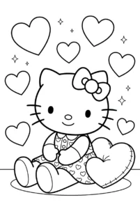 Hello Kitty sitting beside a heart cushion with floating hearts