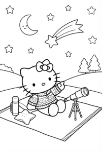 Hello Kitty stargazing beside a telescope on a picnic blanket