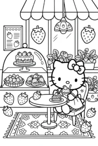 Hello Kitty enjoying strawberry cake and a drink in a cute café