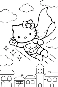 Hello Kitty superhero flying above city rooftops with a cape