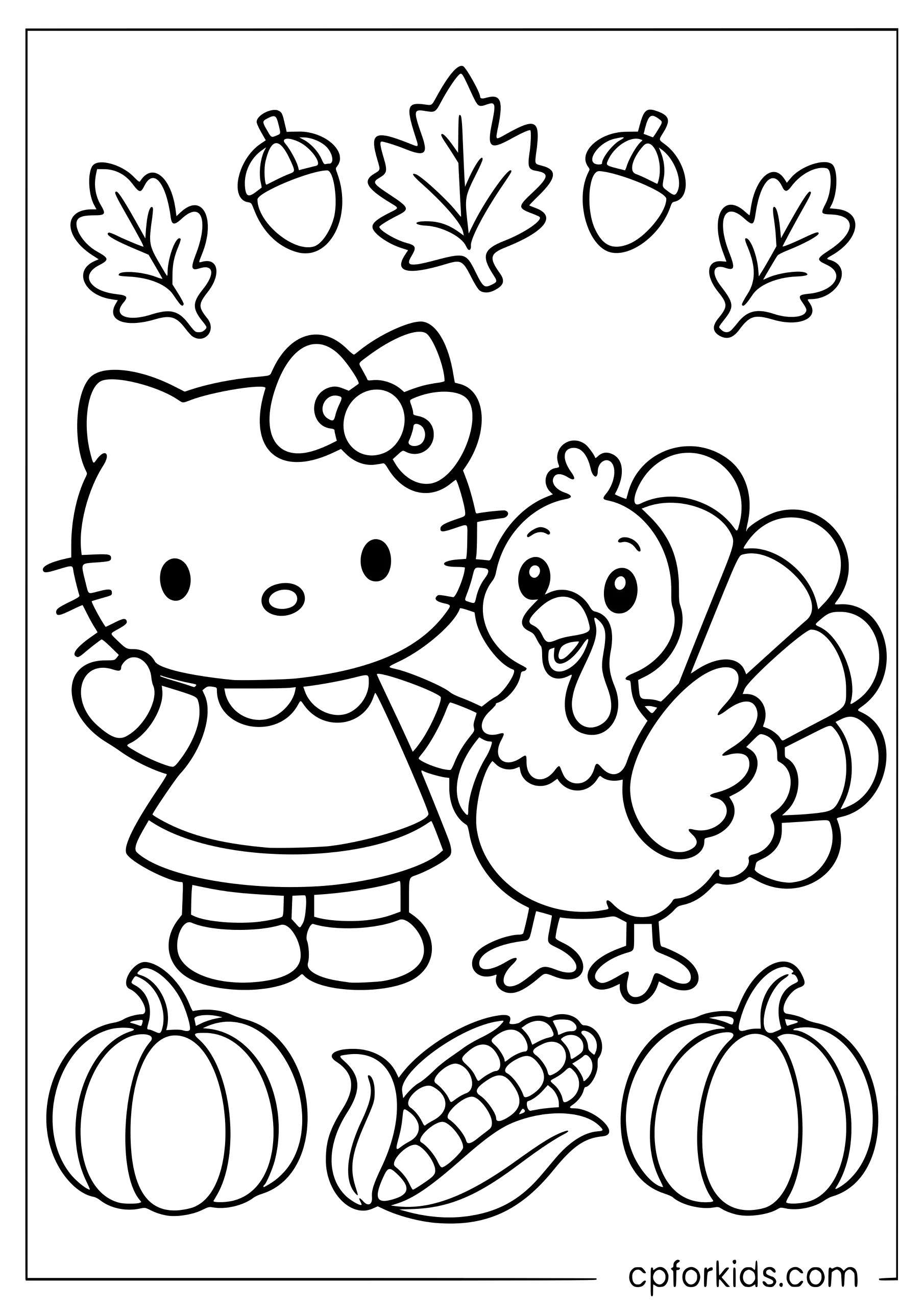 Hello Kitty standing beside a turkey and two pumpkins