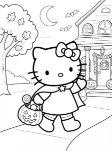 Hello Kitty trick-or-treating with a pumpkin candy bucket in a Halloween neighborhood