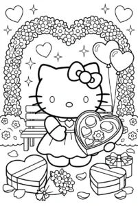 Hello Kitty holding a heart-shaped box of Valentine chocolates
