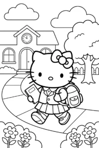 Hello Kitty walking to school with a backpack and notebook