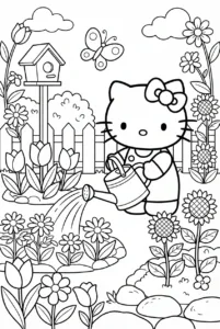 Hello Kitty watering tulips and daisies in a flower garden
