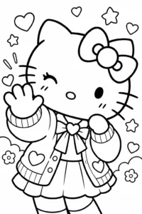 Hello Kitty winking and waving hi in a cute outfit