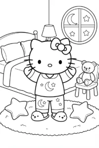 Hello Kitty wearing pajamas and fluffy slippers in a cozy bedroom