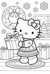 Hello Kitty wearing a long scarf and winter coat in the snow