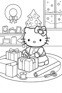 Hello Kitty wrapping Christmas presents with ribbons on a cozy rug