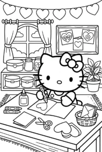 Hello Kitty making Valentine cards with hearts at a craft desk