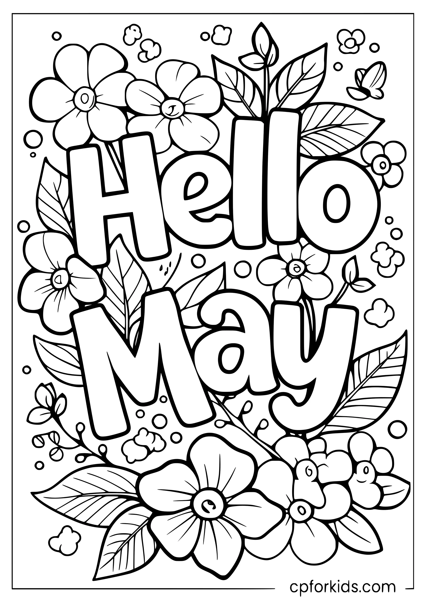 Hello May lettering coloring page with flowers