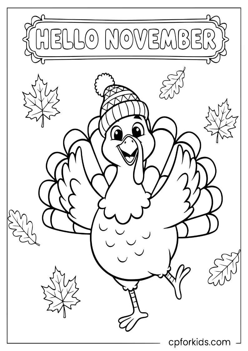 Turkey dancing among falling autumn leaves