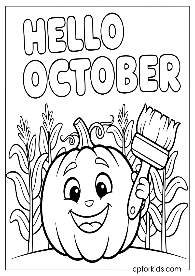 A large smiling pumpkin in a cornfield painting Hello October in bubble letters