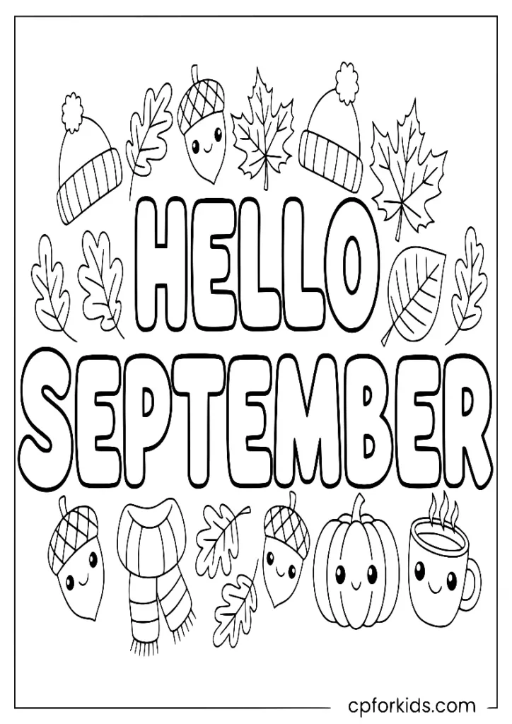 Hello September page with pumpkins, acorns, and cozy fall icons, coloring sheet