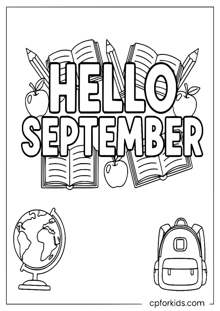 Hello September text with pencils and rulers coloring