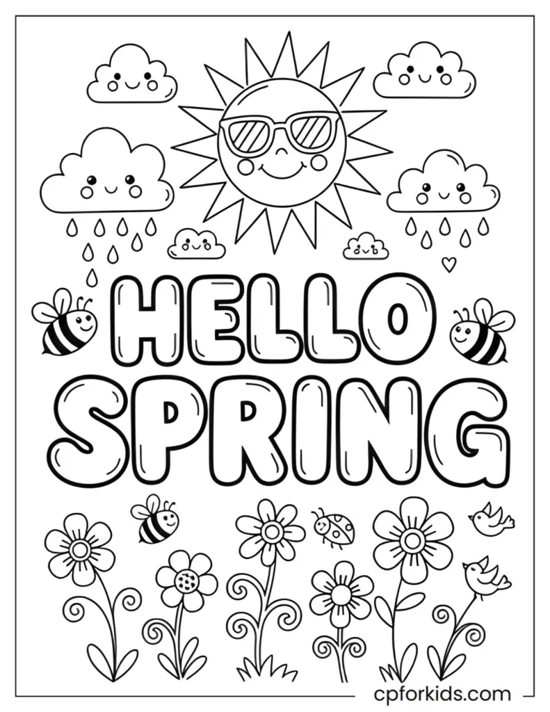 Cheerful Hello Spring doodle with a smiling sun and clouds, easy hand-drawn lettering to color.