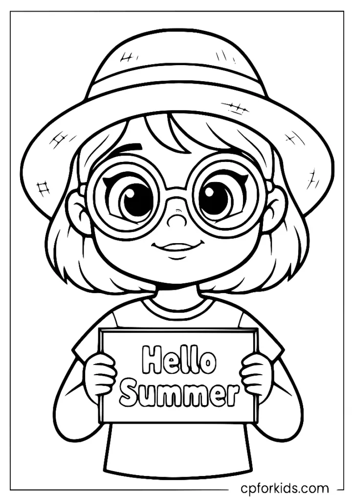 Smiling girl wearing sunglasses and a summer hat coloring page