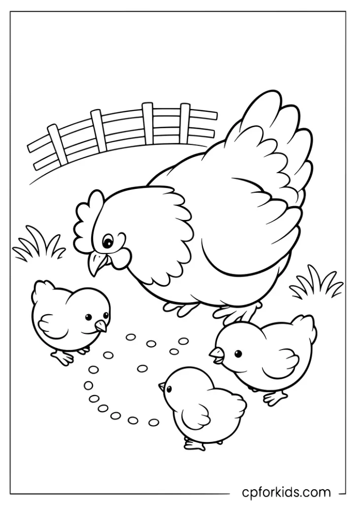 Mother hen feeding chicks on the ground coloring page
