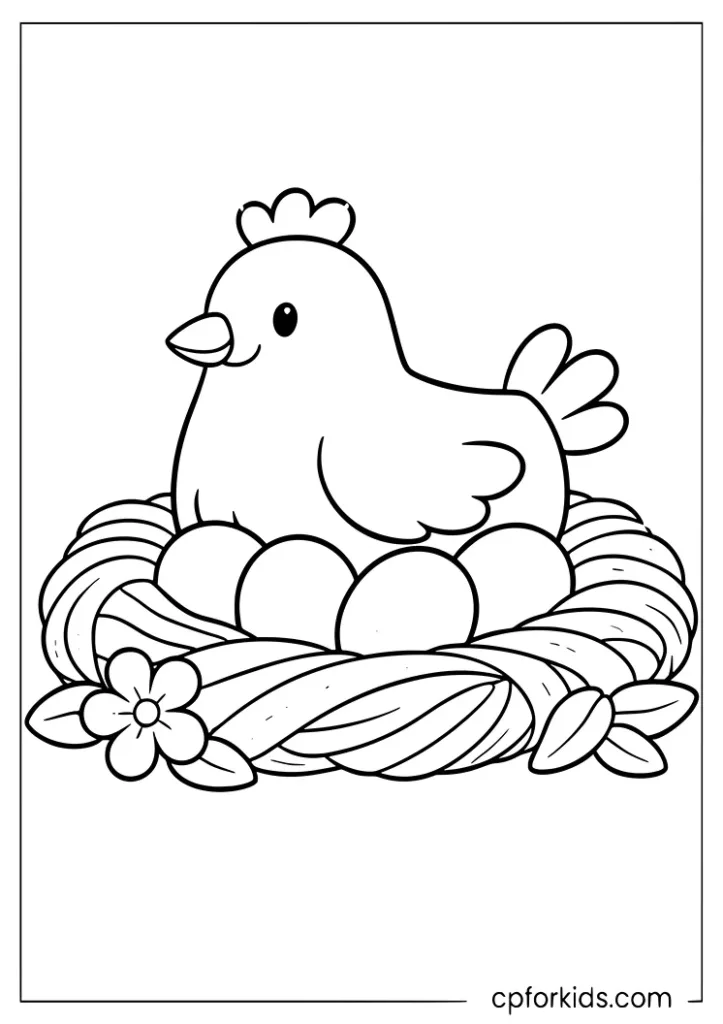 Hen nesting on eggs in a straw nest coloring page