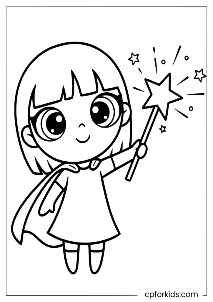 Small superhero girl with big eyes waving a magic star wand