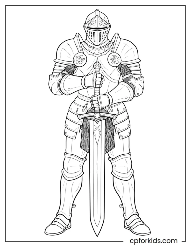 Heroic Warrior & Knight Coloring Pages Heroic knight coloring page of a fantasy warrior in armor, black and white line art.