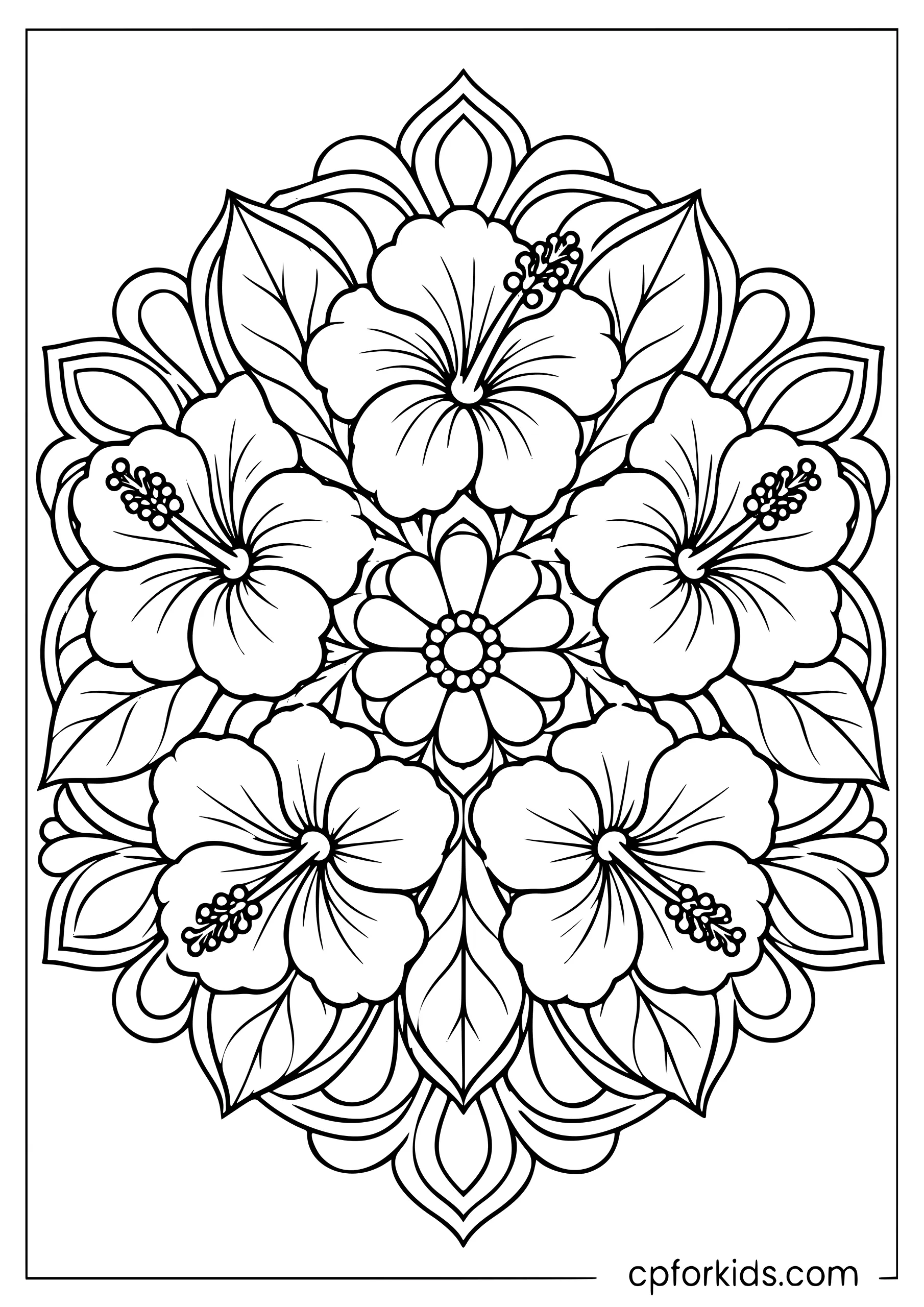Five hibiscus blossoms forming a tropical floral mandala