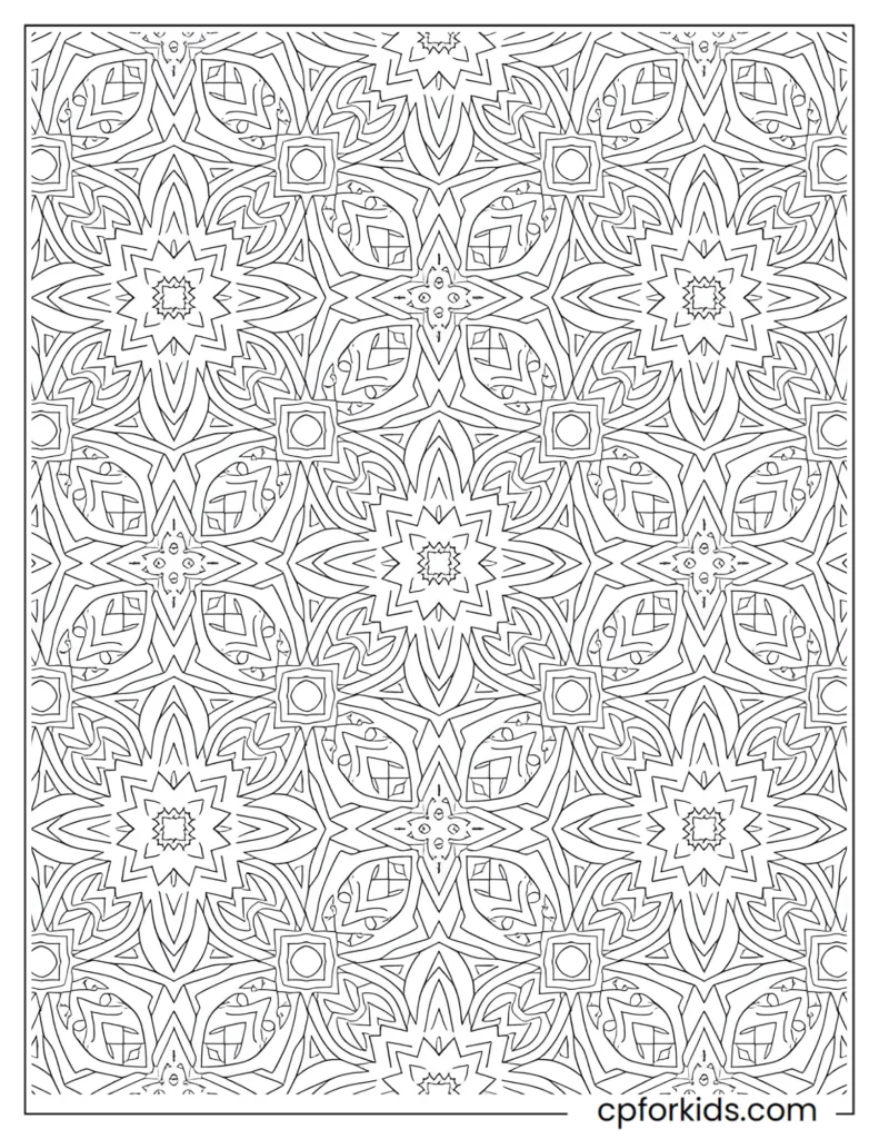 Highly Detailed Pattern Coloring Pages Highly detailed pattern coloring page filled with intricate fractal and tile-inspired designs for advanced coloring.