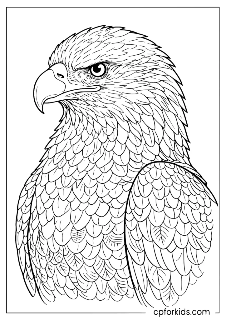 Highly detailed realistic bald eagle sketch coloring page for adults