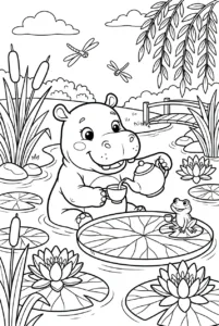 Cute hippo having a tea party on lily pads