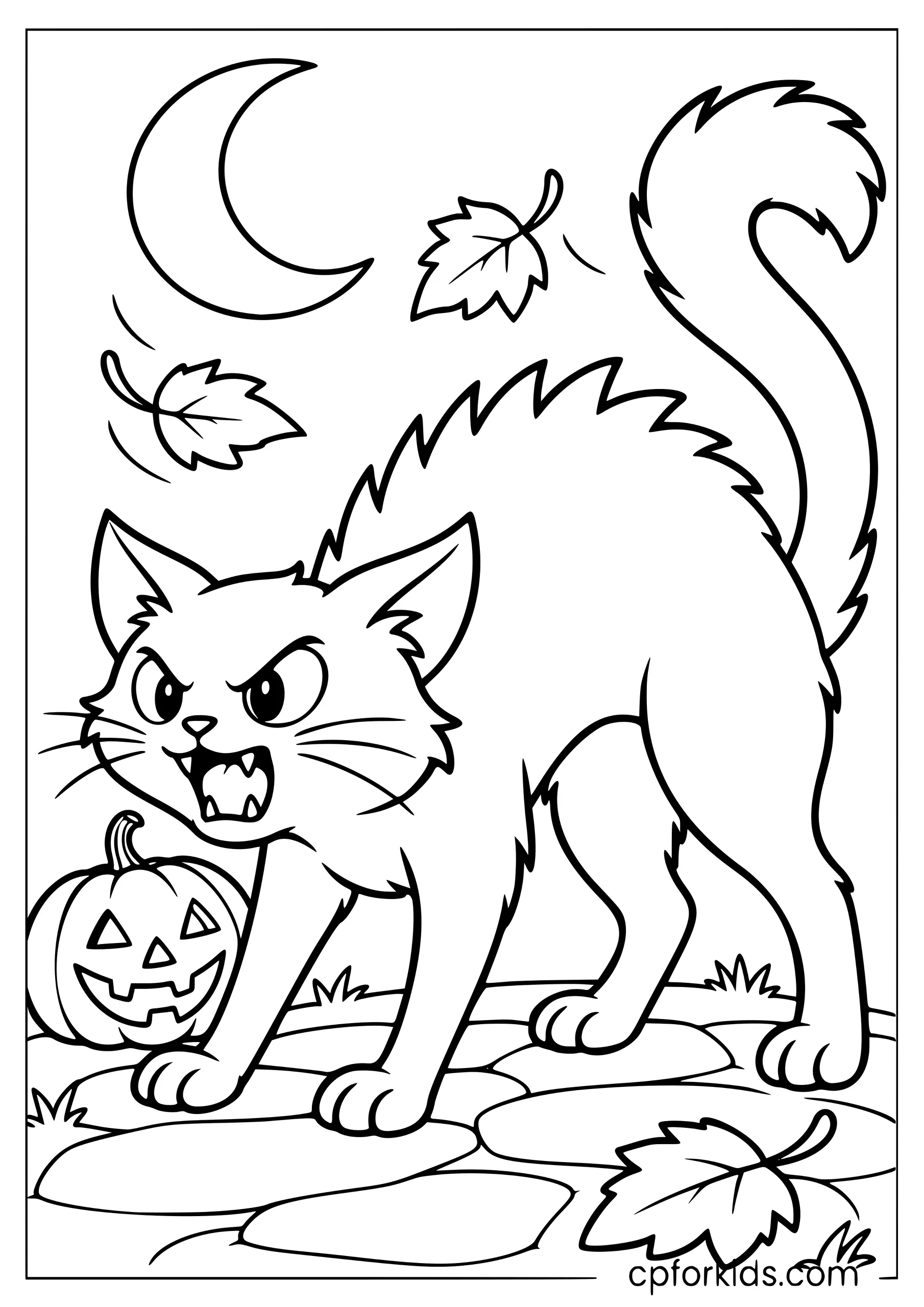 Hissing Halloween cat with arched back and raised tail