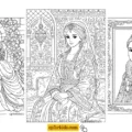 Three historical princess coloring pages showing a medieval princess at a castle window, an Indian Mughal princess in ornate dress, and a Renaissance royal portrait