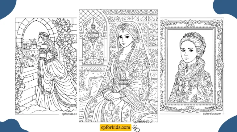 Three historical princess coloring pages showing a medieval princess at a castle window, an Indian Mughal princess in ornate dress, and a Renaissance royal portrait