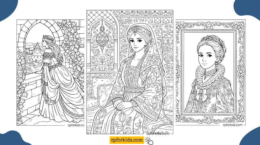 Three historical princess coloring pages showing a medieval princess at a castle window, an Indian Mughal princess in ornate dress, and a Renaissance royal portrait