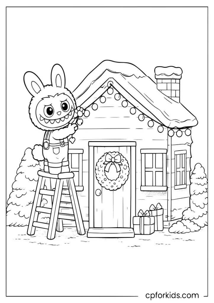 Holiday Labubu decorating a house with fairy lights coloring page